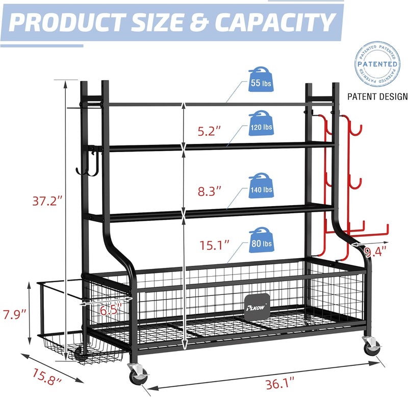 PLKOW Dumbbell Rack, Weight Rack for Dumbbells, Home Gym Storage for Dumbbells Kettlebells Yoga Mat and Balls, All in One Workout Storage with Wheels and Hooks, Powder Coated Finish Steel - Image 2